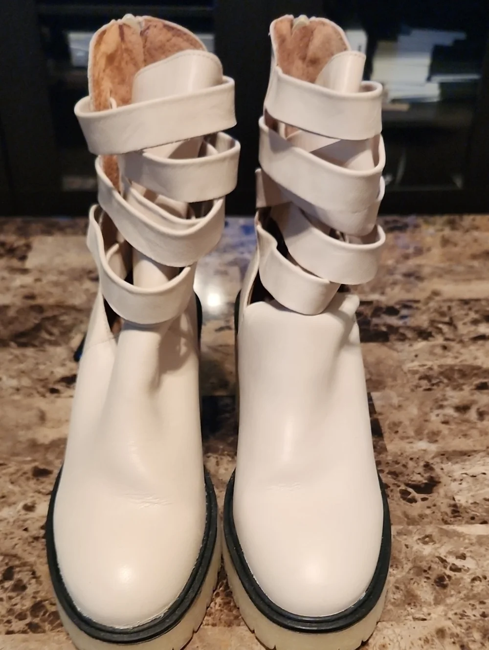 Free People Women's Cream Strappy Cutout Block Heel Booties